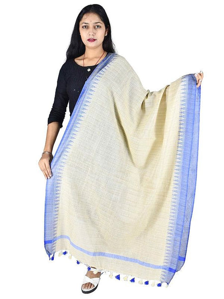 Bhagalpuri Linen Textured Blue Temple Border Handloom Dupatta - View 3