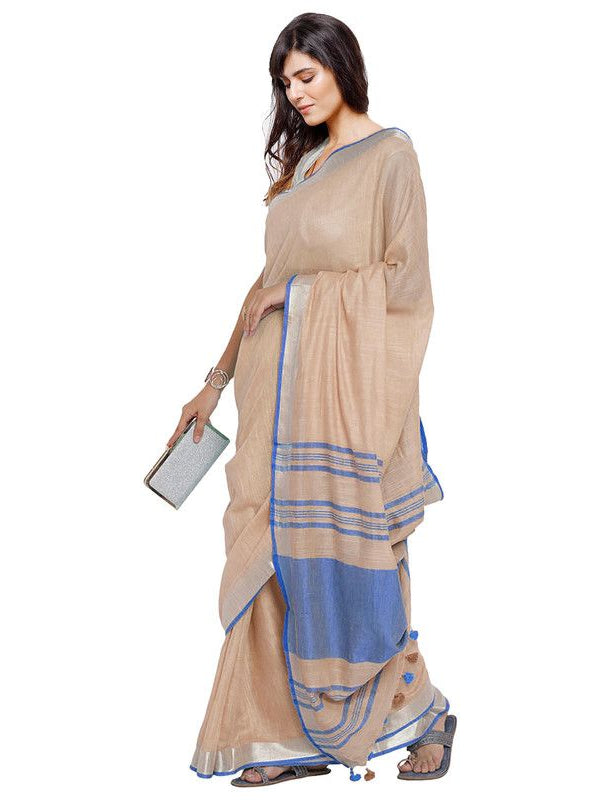Bhagalpuri Handloom Cotton Linen Blend Contrast Pallu Saree And Unstitched Contrast Blouse Piece - View 3