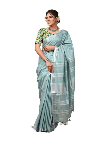 Linen Cotton Blend Handloom Bhagalpuri Saree with Zari Border (12800 Streamy_Cyan) - View 3