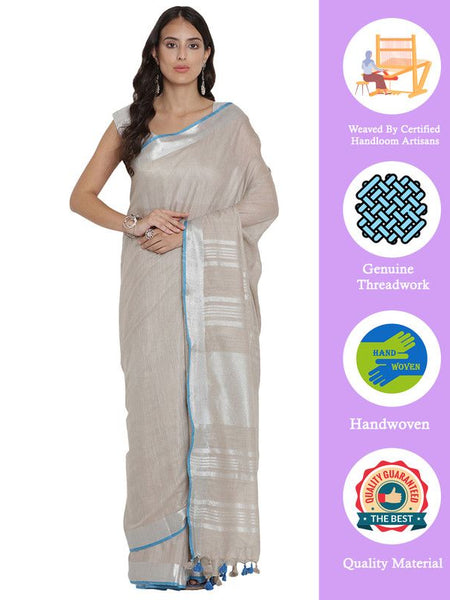Dun Brown women's Bhagalpuri Handloom Cotton Linen Blend Saree With Contrast Unstiched Blouse Piece - View 2