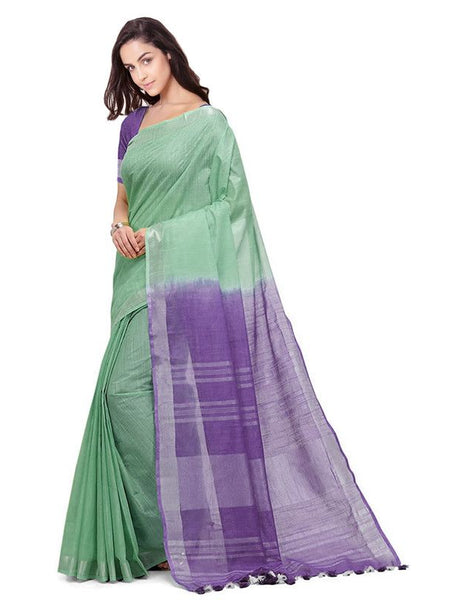 Mint Green & Amethyst Purple women's Handloom Bhagalpuri Cotton Slub Blend Two Dye Saree With Running Unstitched Blouse Piece - View 3