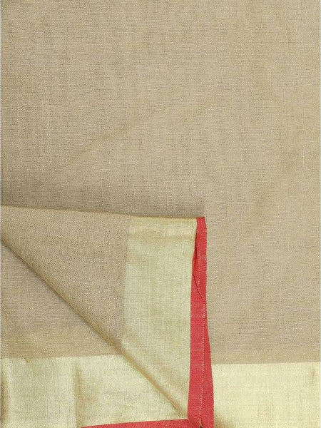 Linen Cotton Blend Contrast Handloom Bhagalpuri Saree for Women (Gold-Khaki_Brown-Red) - View 5