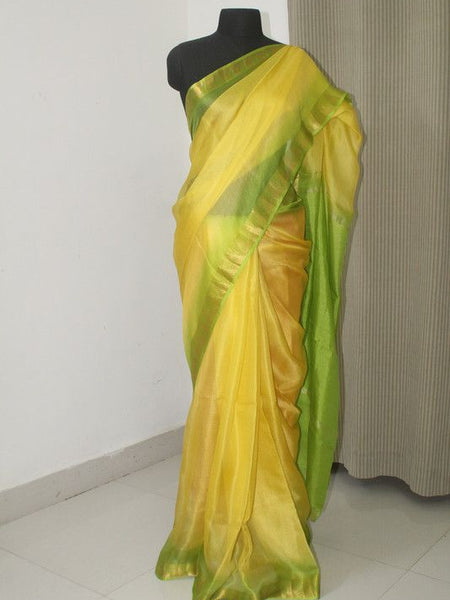 Canary_Yellow and Parrot_Green Kota Organza Net Temple Border Handloom Saree