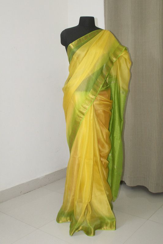 Canary_Yellow and Parrot_Green Kota Organza Net Temple Border Handloom Saree
