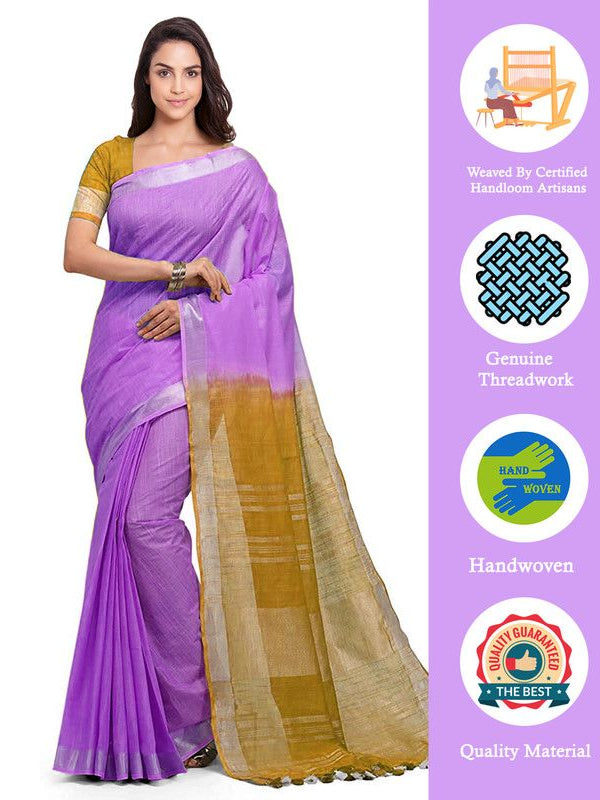 Lilac Purple & Golden Brown women's Bhagalpuri Handloom Ethnic Wear Linen Two Dye Saree With Running Unstitched Blouse Piece - View 2
