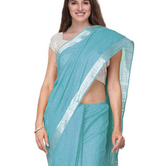 Maya Blue women's Handloom Bhagalpuri Cotton Linen Slub Blend Zari Border Saree Ethnic Wear With Running Unstitched Blouse Piece - View 2