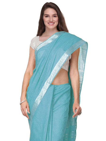 Maya Blue women's Handloom Bhagalpuri Cotton Linen Slub Blend Zari Border Saree Ethnic Wear With Running Unstitched Blouse Piece - View 2