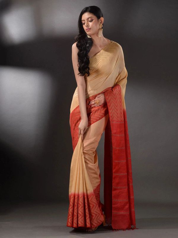 Two Dye Handloom Semi Tussar Silk Bhagalpuri Saree (Muddy_Beige & Terry_Red) - View 2