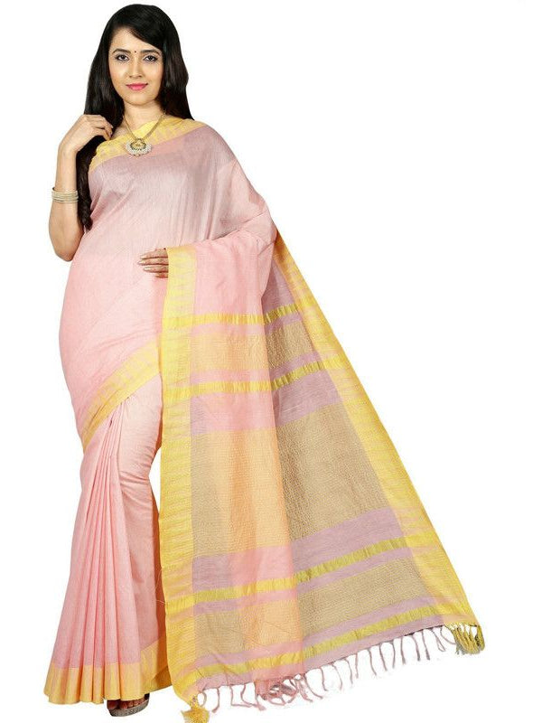 Tea Rose Pink women's Bhagalpuri Handloom Kota Silk Temple Border Saree And Variation Of Colors With Striped Blouse Piece