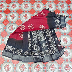Linen Cotton Blend Handloom Bandhani Dye Batik Print Saree (SLBR_Red & Black) - View 6
