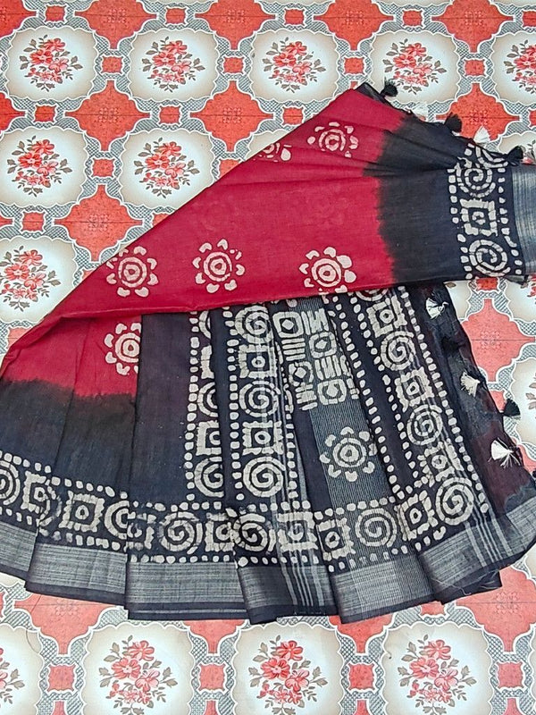Linen Cotton Blend Handloom Bandhani Dye Batik Print Saree (SLBR_Red & Black) - View 6