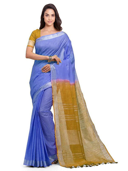 Neon Blue & Golden Brown women's Handloom Bhagalpuri Cotton Slub Blend Two Dye Saree With Running Unstitched Blouse Piece