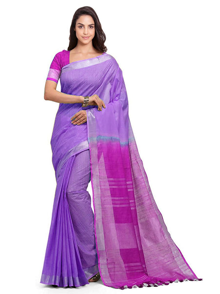 Lilac Purple & Wild Strawberry women's Bhagalpuri Handloom Linen Cotton Blend Two Dye Saree With Running Unstitched Blouse Piece