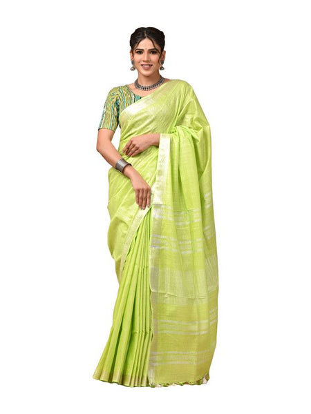 Linen Cotton Blend Handloom Bhagalpuri Saree with Zari Border (12796 Parrot_Green) - View 3