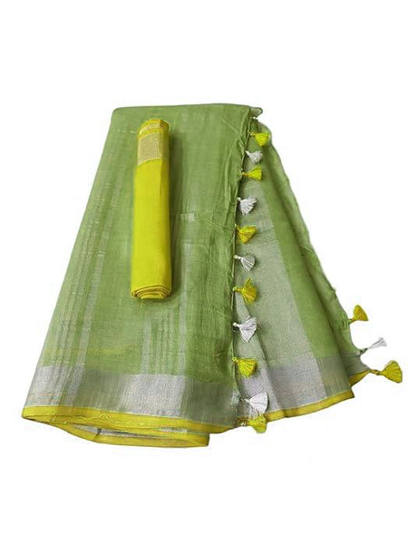 Handloom Bhagalpuri Linen Cotton Blend Contrast Border Saree for Women (12630 Green-Yellow) - View 2