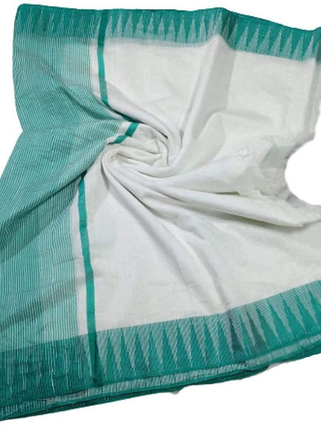 Turquoise women's Bhagalpuri Kota Viscous Temple Border White Saree And Variable Color Border With Blouse Piece