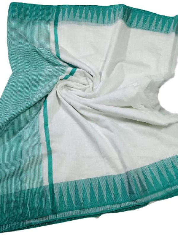 Turquoise women's Bhagalpuri Kota Viscous Temple Border White Saree And Variable Color Border With Blouse Piece