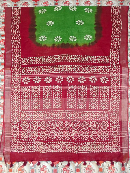 Linen Cotton Blend Handloom Tie-Dye Batik Print Saree with Blouse Piece (SLBR_Lawn_Green & Lawaiie_Maroon) - View 5