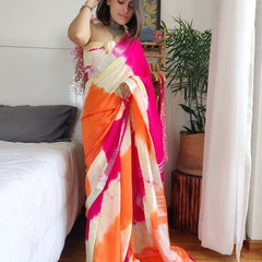 Linen Sibory Dye Bhagalpuri Handloom Saree (Pink-White-Orange)