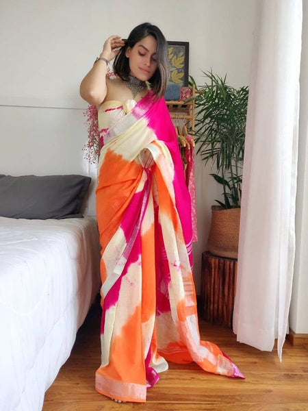 Linen Sibory Dye Bhagalpuri Handloom Saree (Pink-White-Orange)