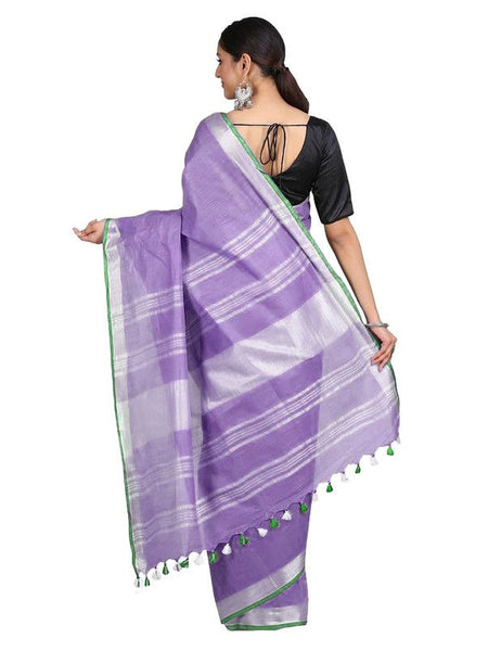 Lavender Purple women's Handloom Bhagalpuri Linen-Cotton Saree With Contrast Blouse Piece - View 2