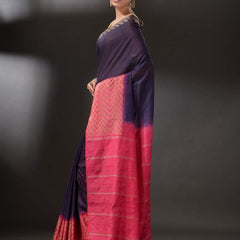 Handloom Semi Tussar Silk Bhagalpuri Egyptian_Blue and Poppy_Pink Saree - View 3
