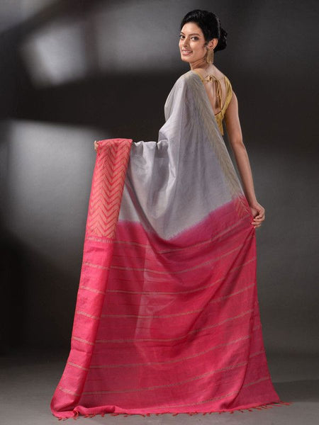 Handloom Multi Dye Bhagalpuri Semi Tussar Silk Saree with Blouse Piece (Troit_Grey & Poppy_Pink) - View 4