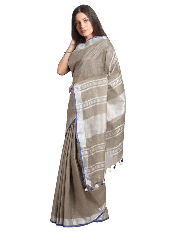 Bhagalpuri Handloom Linen-Slub Saree With Contrast Blouse Piece - View 2