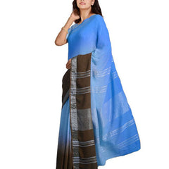 Cyan & Coffee Brown women's Bhagalpuri Handloom Linen Cotton Blend Two Dye Saree With Running Unstitched Blouse Piece - View 3