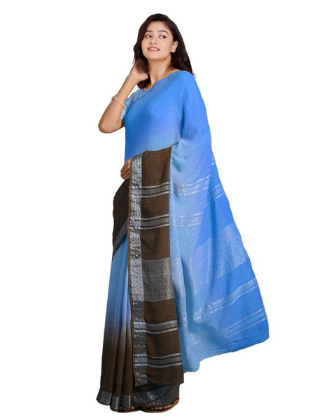 Cyan & Coffee Brown women's Bhagalpuri Handloom Linen Cotton Blend Two Dye Saree With Running Unstitched Blouse Piece - View 3