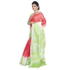 Red & Light Green women's Bhagalpuri Handloom Cotton Linen Slub Blend Tie Two Dye (Sibory Two Dye) Saree With Running Unstitched Blouse Piece - View 3