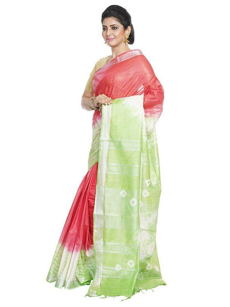 Red & Light Green women's Bhagalpuri Handloom Cotton Linen Slub Blend Tie Two Dye (Sibory Two Dye) Saree With Running Unstitched Blouse Piece - View 3