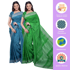 Cerulean Blue & Pigment Green women's Bhagalpuri Handloom Cotton-Linen Blend Saree Combo (Pack Of 2) With Running Unstiched Blouse Piece - View 2