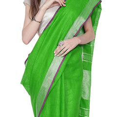Kelly Green women's Bhagalpuri Handloom Cotton Linen Blend Saree With Contrast Unstiched Blouse Piece - View 2