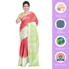 Red & Light Green women's Bhagalpuri Handloom Cotton Linen Slub Blend Tie Two Dye (Sibory Two Dye) Saree With Running Unstitched Blouse Piece - View 2