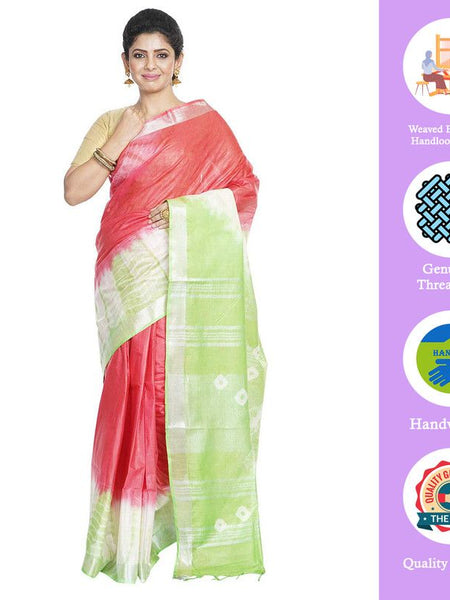 Red & Light Green women's Bhagalpuri Handloom Cotton Linen Slub Blend Tie Two Dye (Sibory Two Dye) Saree With Running Unstitched Blouse Piece - View 2