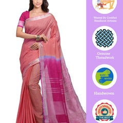 Coral Orange & Raspberry Pink women's Bhagalpuri Handloom Linen Cotton Blend Two Dye Saree With Running Unstitched Blouse Piece