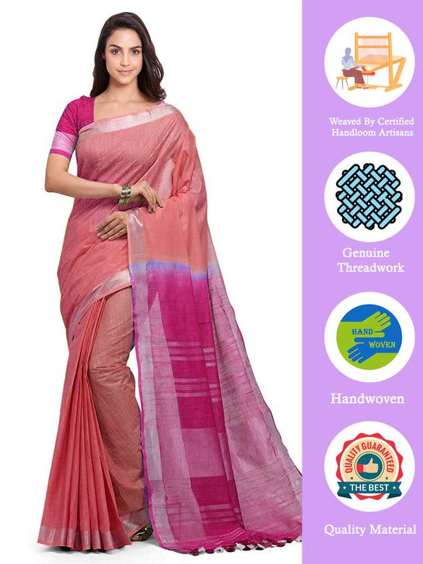 Coral Orange & Raspberry Pink women's Bhagalpuri Handloom Linen Cotton Blend Two Dye Saree With Running Unstitched Blouse Piece