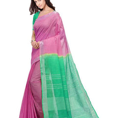 Flamingo Pink & Aquamarine Turquoise women's Bhagalpuri Handloom Linen Slub Blend Two Dye Saree With Running Unstitched Blouse Piece - View 3