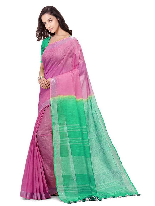 Flamingo Pink & Aquamarine Turquoise women's Bhagalpuri Handloom Linen Slub Blend Two Dye Saree With Running Unstitched Blouse Piece - View 3