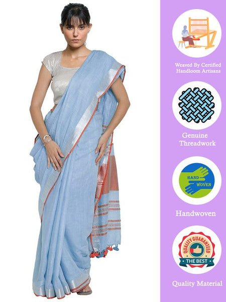 Powder Blue-Orange women's Bhagalpuri Handloom Cotton Linen Blend Contrast Pallu Saree And Unstitched Contrast Blouse Piece - View 2