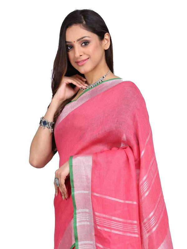 Linen Cotton Blend Contrast Handloom Bhagalpuri Saree (Hot_Pink-Green) - View 2