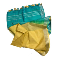 Mint Green & Manz Yellow Bhagalpuri women's Ethnic Wear Handloom Linen Cotton Blend Zari Border Two Dye Saree With Running Unstitched Blouse Piece - View 3