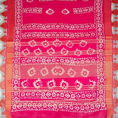 Blend Linen Cotton Handloom Batik Print Saree (GLBR_Gold-Deep_Pink) - View 3