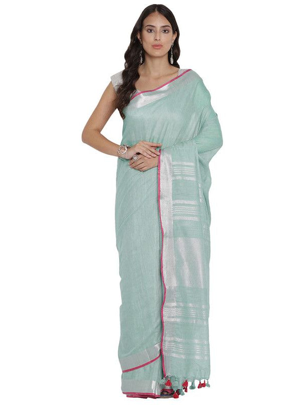 Cambridge Grey women's Bhagalpuri Handloom Cotton Linen Blend Saree With Contrast Unstiched Blouse Piece