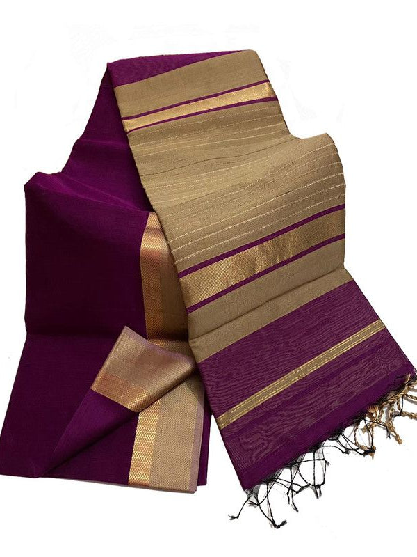 Bhagalpuri Cotton Tussar Silk Saree with Designed Border (Tyrian Purple)