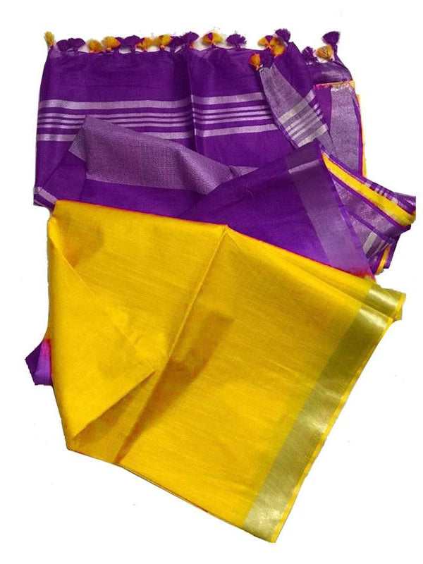 French Violet & Yellow women's Ethnic Wear Bhagalpuri Handloom Linen Blend Two Dye Saree With Running Unstitched Blouse Piece - View 6