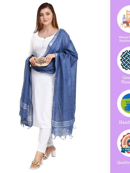 Handloom Linen Bhagalpuri Dupatta for women's (Blue) - View 2