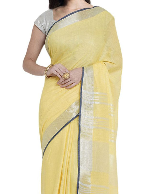 Daisy Yellow women's Bhagalpuri Handloom Cotton Linen Blend Saree With Contrast Unstiched Blouse Piece - View 5