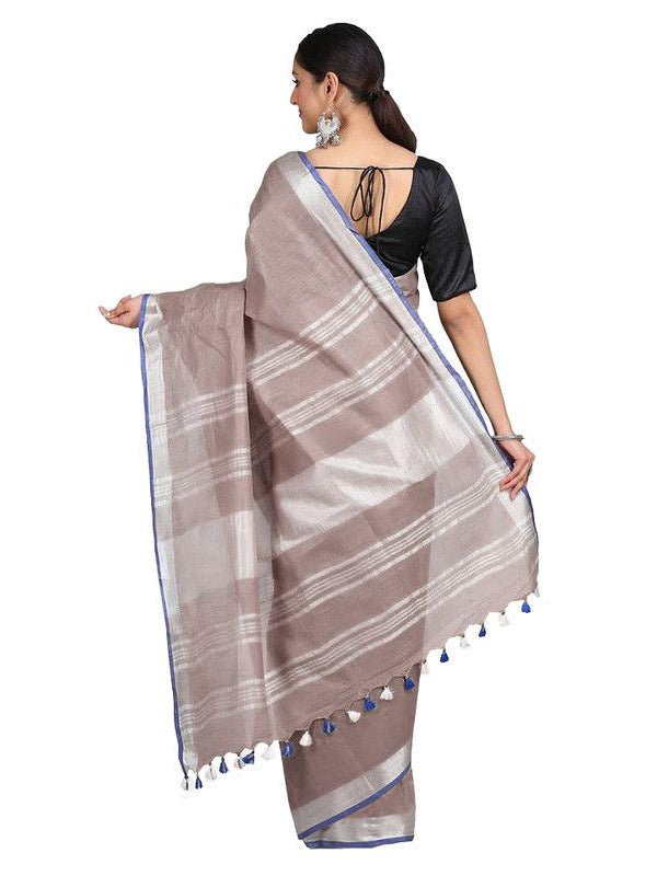 Liver Brown women's Bhagalpuri Handloom Linen-Slub Saree With Contrast Blouse Piece - View 3